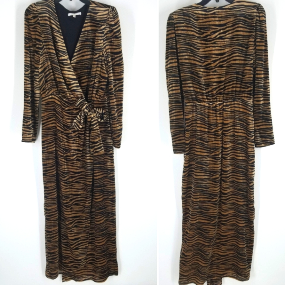 WAYF Tiger Velvet Wrap Dress Long Sleeve Tie Waist
